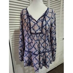 Daniel Rainn Paisley Print Long Sleeve Blouse Tunic Bo Ho Top